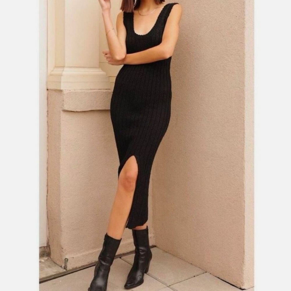 All:Row Black Chunky Knit Midi Dress with Slit, Size M